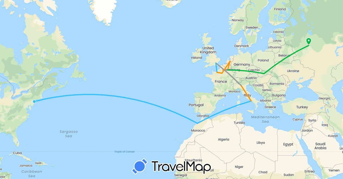 TravelMap itinerary: driving, bus, plane, boat, hitchhiking in France, United Kingdom, Italy, Morocco, Netherlands, Russia, Slovakia, United States (Africa, Europe, North America)
